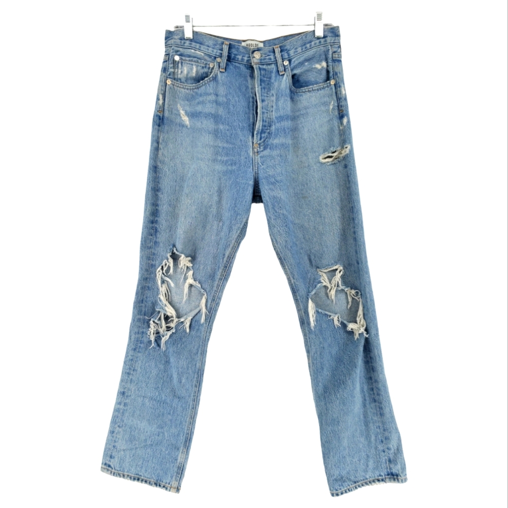 Agolde 90's Mid Rise Distressed Jeans 100% Cotton Size 27 Button Fly - Picture 2 of 13